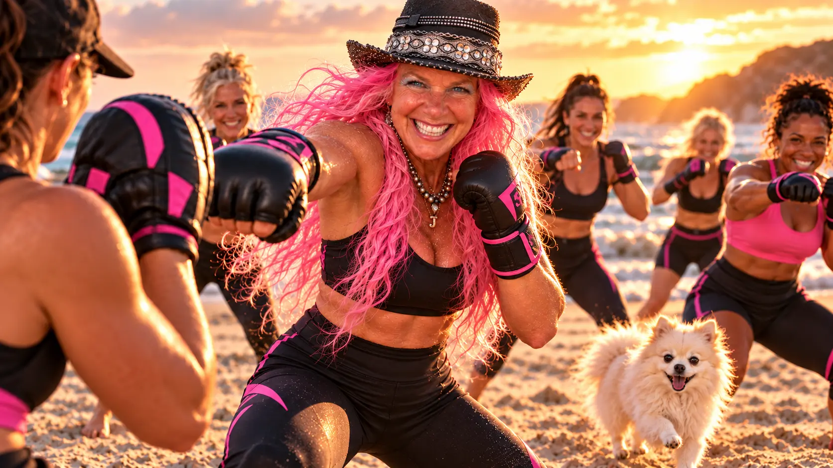 Kita Johnson leading a smiling group boxing workout on the beach at sunset, with her white fluffy dog running alongside