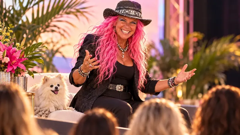 Kita Johnson speaking on stage to an audience with her white fluffy dog beside her