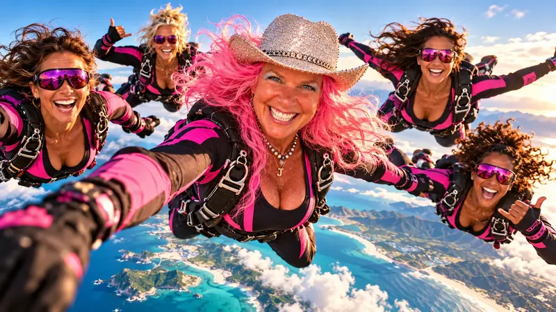 Kita Johnson taking a free-fall skydiving selfie with friends above a turquoise coastline