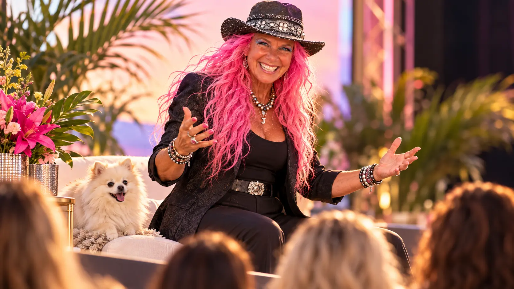 Kita Johnson speaking on stage to an audience with her white fluffy dog beside her