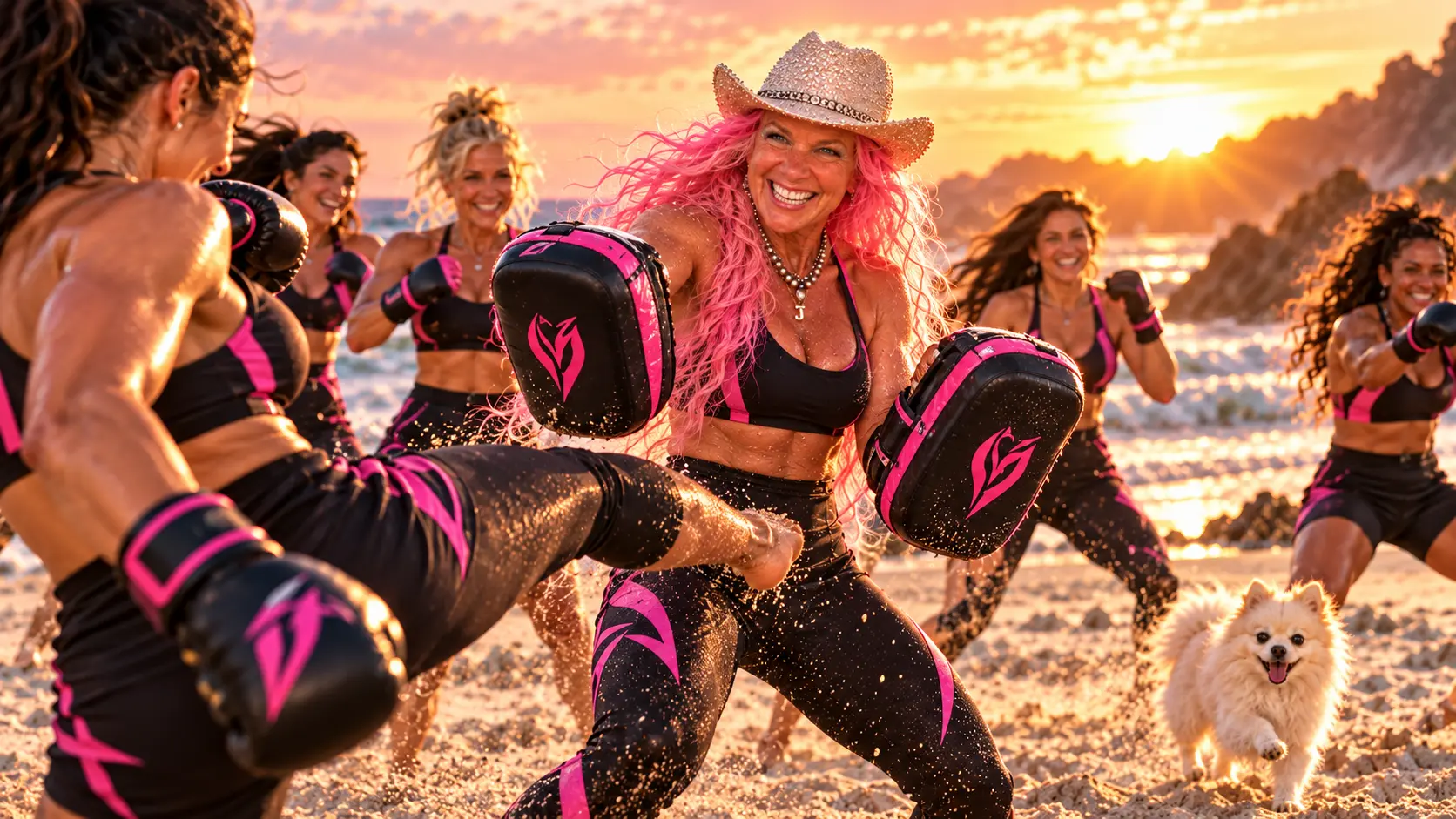 Kita Johnson holding pink focus mitts as a training partner throws a kick on the beach at sunset