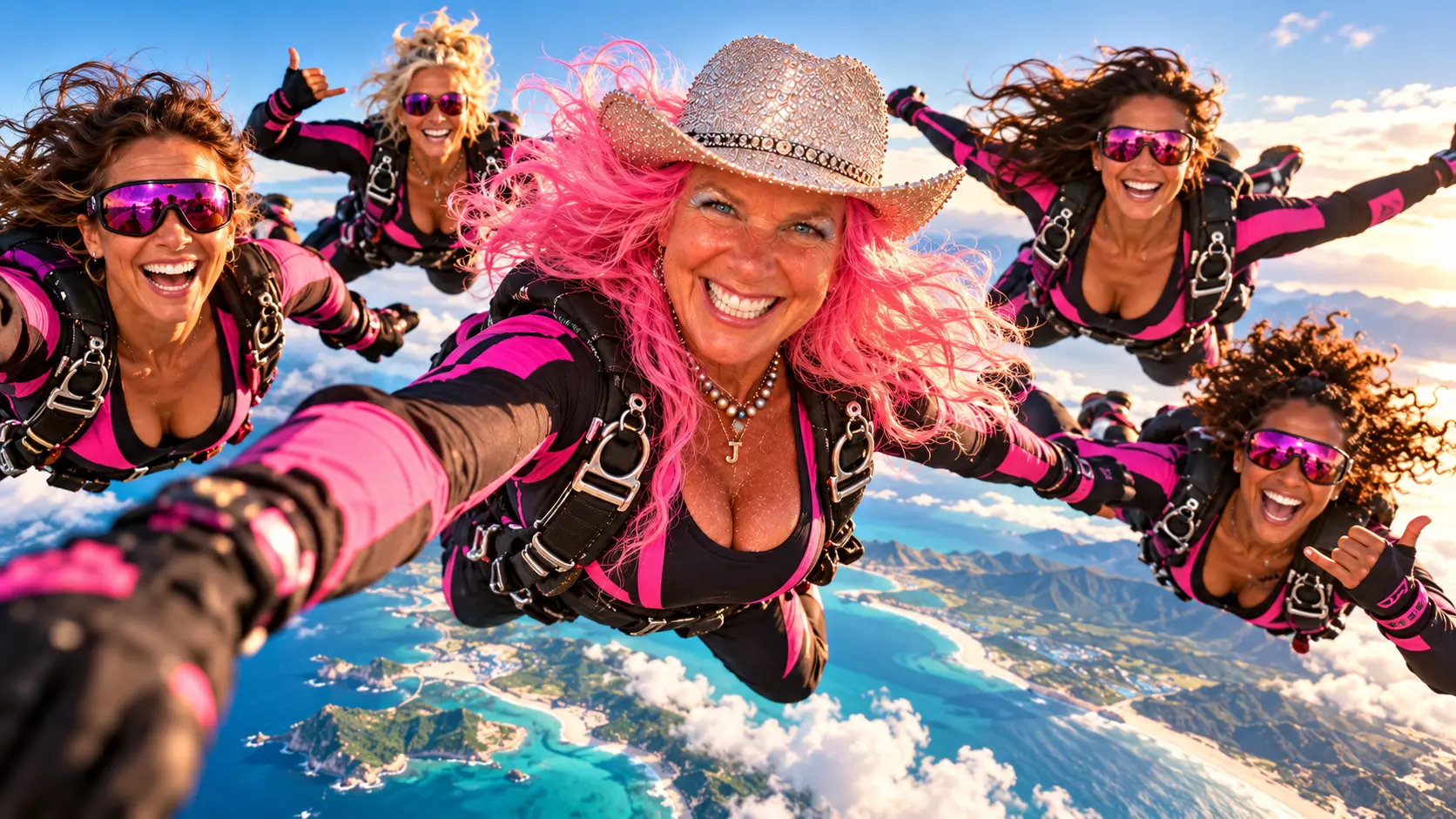 Kita Johnson taking a free-fall skydiving selfie with friends above a turquoise coastline