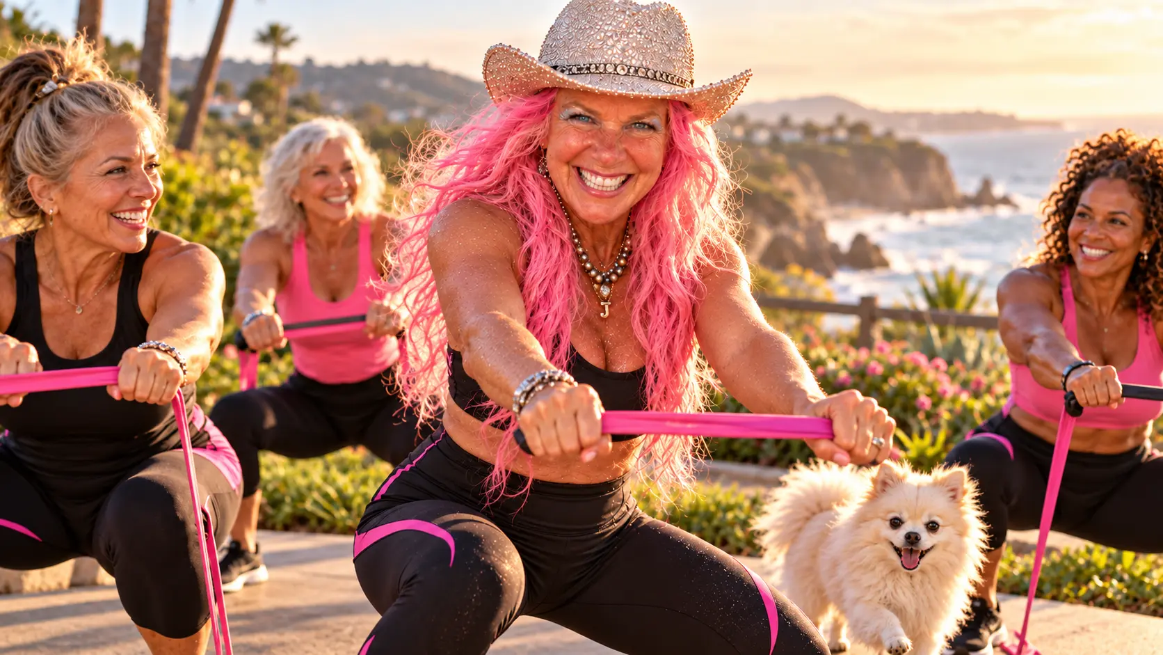 Kita Johnson leading a smiling outdoor resistance-band workout with women in their 40s to 60s and her white fluffy dog