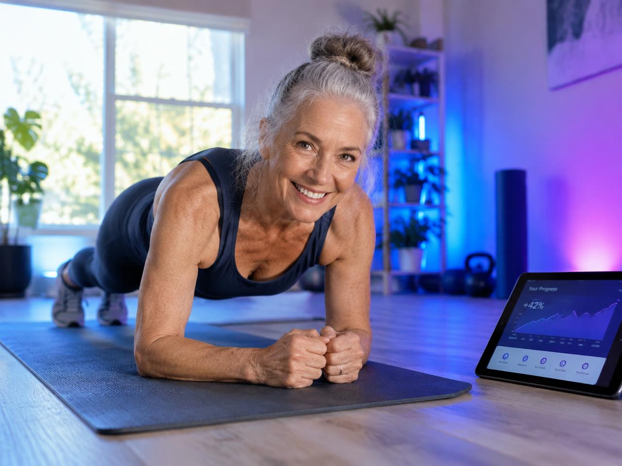 Smiling woman around 60 holding a plank next to a tablet showing her progress