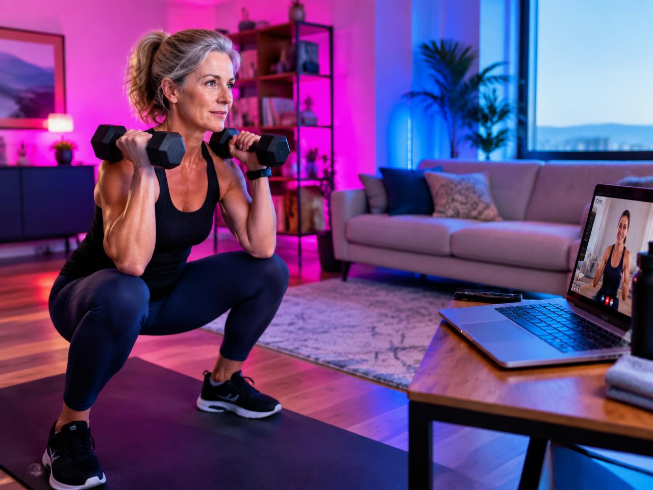 Woman in her 50s doing a dumbbell squat at home during an online coaching session